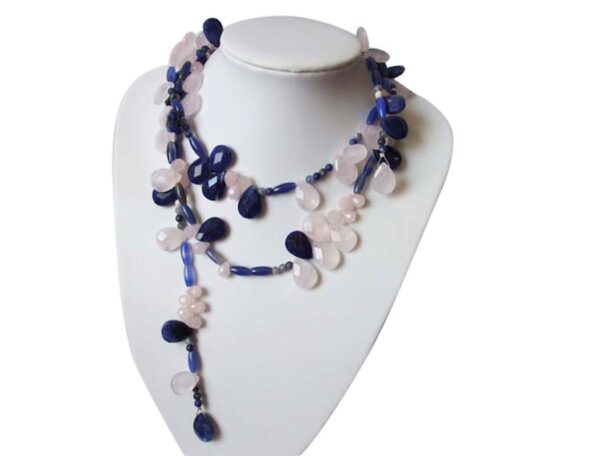 Gemshine - Damen - Halskette  - Lariat - Lapis Lazuli - Rosenquarz - Facettiert - Tropfen -  Blau - Rosa - 130 cm – Bild 3